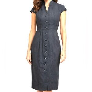 Studio I Navy Button Front Sheath Dress Size 6 Career Office Stretch Midi